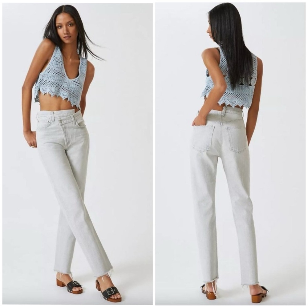 Agolde Asymmetrical Criss Cross Straight Leg Jeans in Coin Light Gray Denim 26